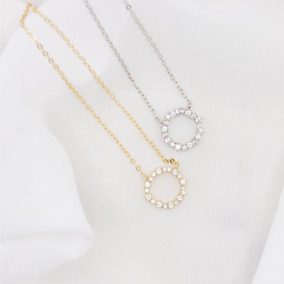 Gold Pave Circle Necklace, Silver Pave Circle Necklace - Picture 3 of 9